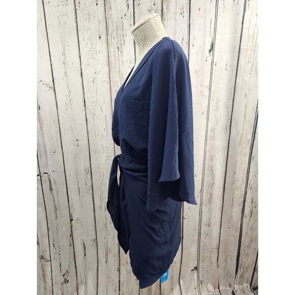 ALK Women's S CupShe Blue Flared Sleeve V-Neck Mini Dress Tie Waist Swim Coverup - Picture 5 of 9